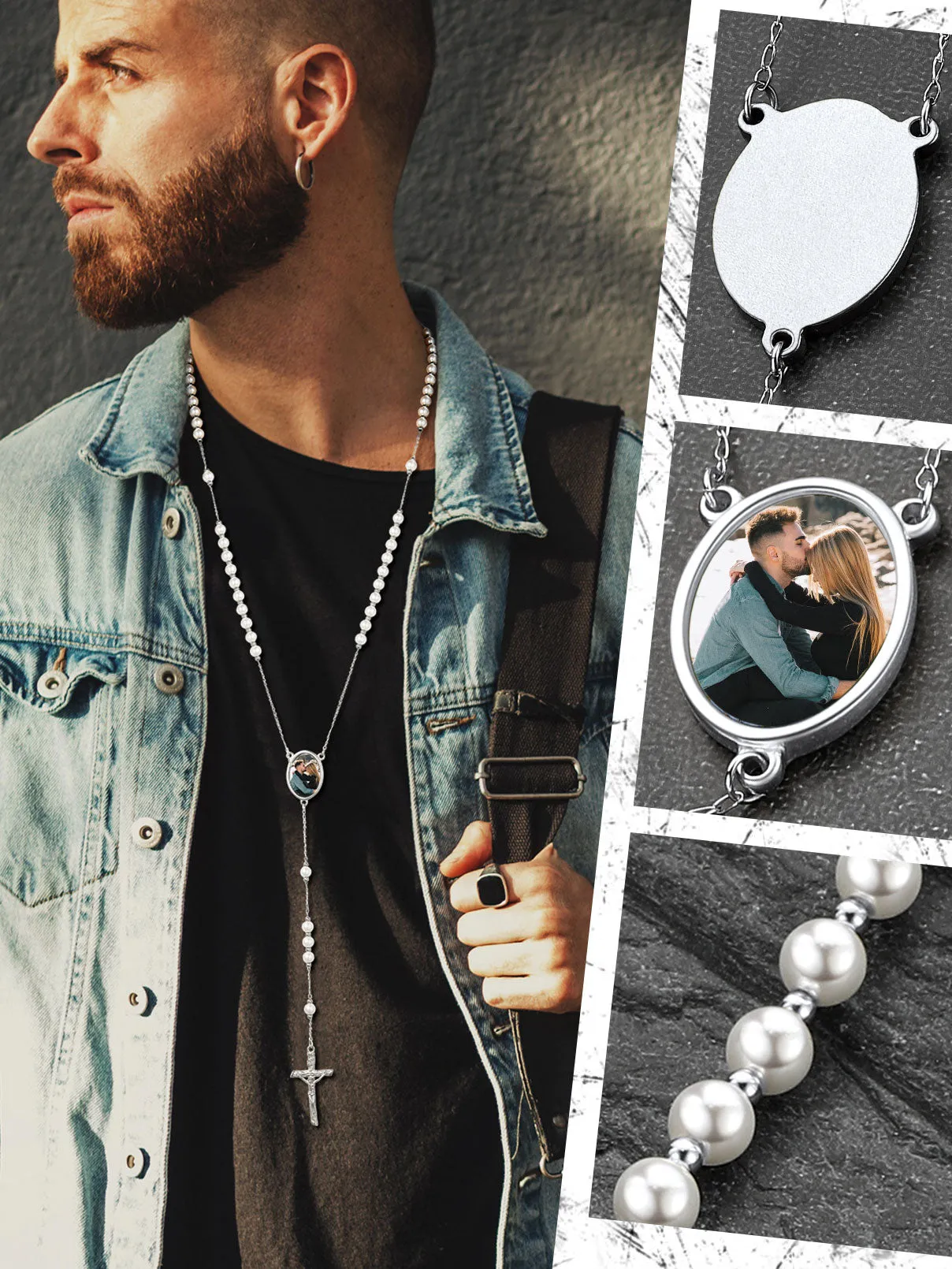 Personalized Picure Rosary Beads Pearl Chain Necklace for Men Women sold by FaithHeart product image thumbnail 2