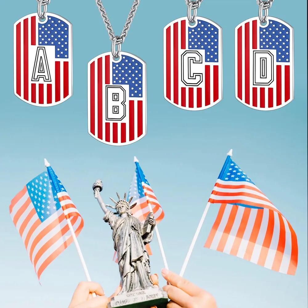 Patriotic American Flag Letter Initial Dog Tag Necklace 4th of July Pendant for Men Women sold by FaithHeart product image thumbnail 4