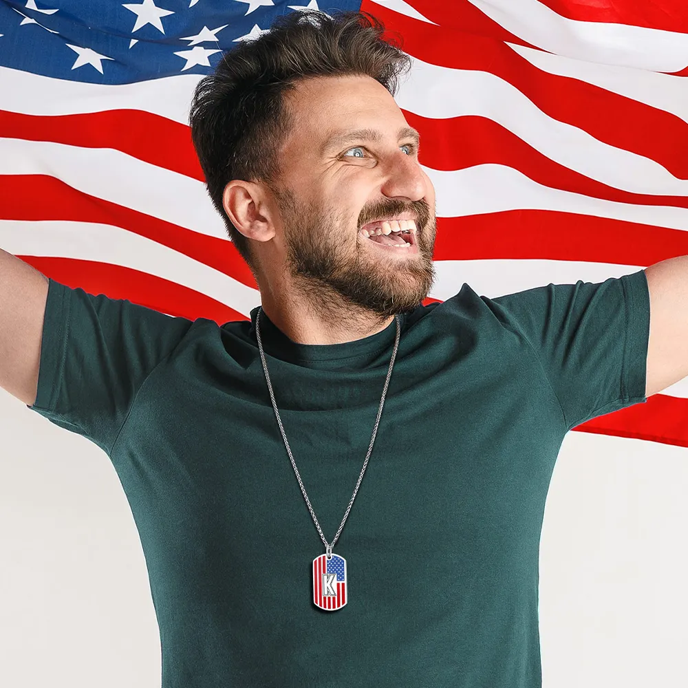 Patriotic American Flag Letter Initial Dog Tag Necklace 4th of July Pendant for Men Women sold by FaithHeart product image thumbnail 2