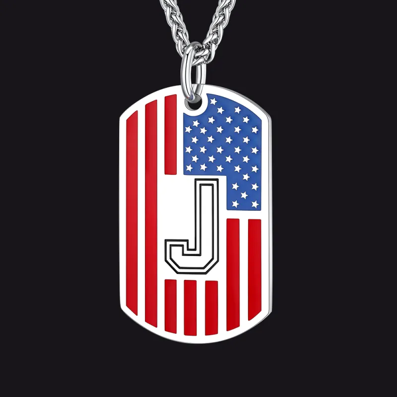 Patriotic American Flag Letter Initial Dog Tag Necklace 4th of July Pendant for Men Women sold by FaithHeart