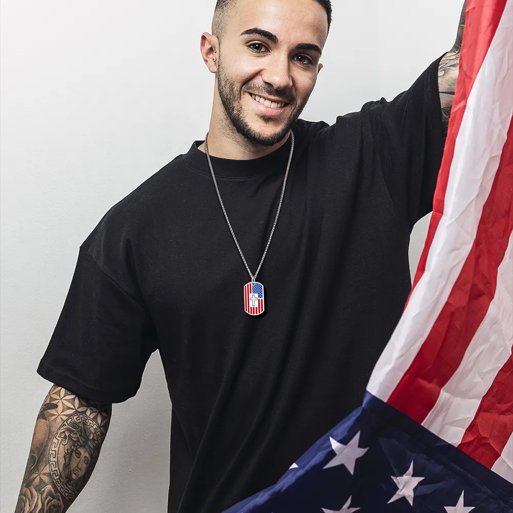 Engraved American Flag Cross Dog Tag Necklace for Men Women sold by FaithHeart product image thumbnail 2
