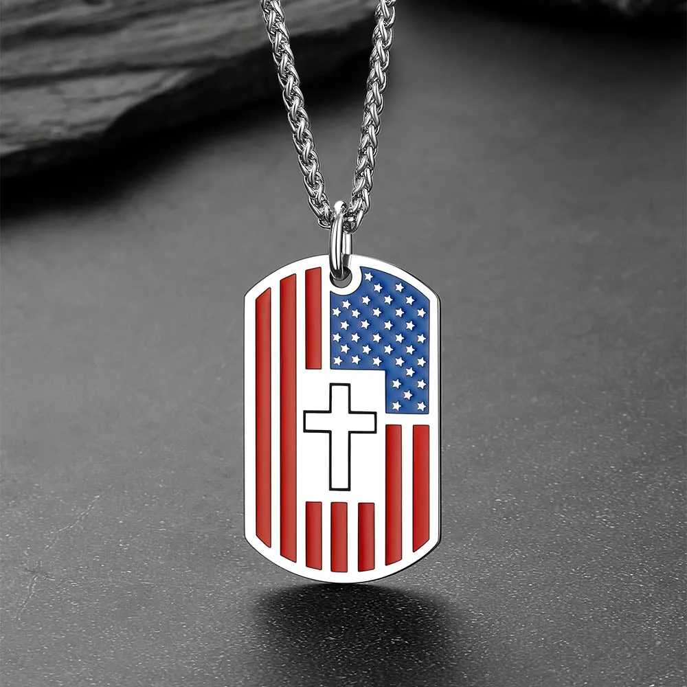 Engraved American Flag Cross Dog Tag Necklace for Men Women sold by FaithHeart product image thumbnail 5