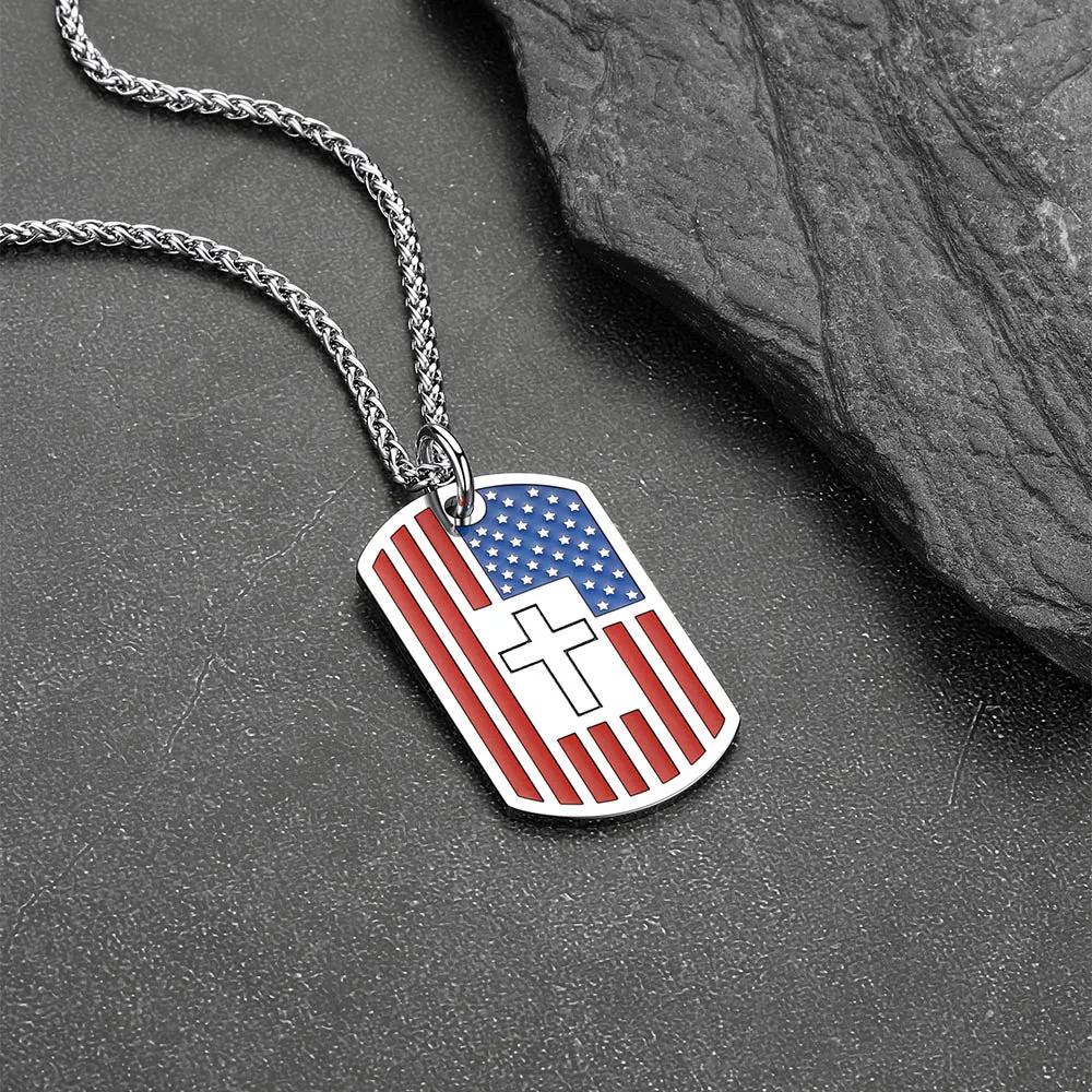Engraved American Flag Cross Dog Tag Necklace for Men Women sold by FaithHeart product image thumbnail 3