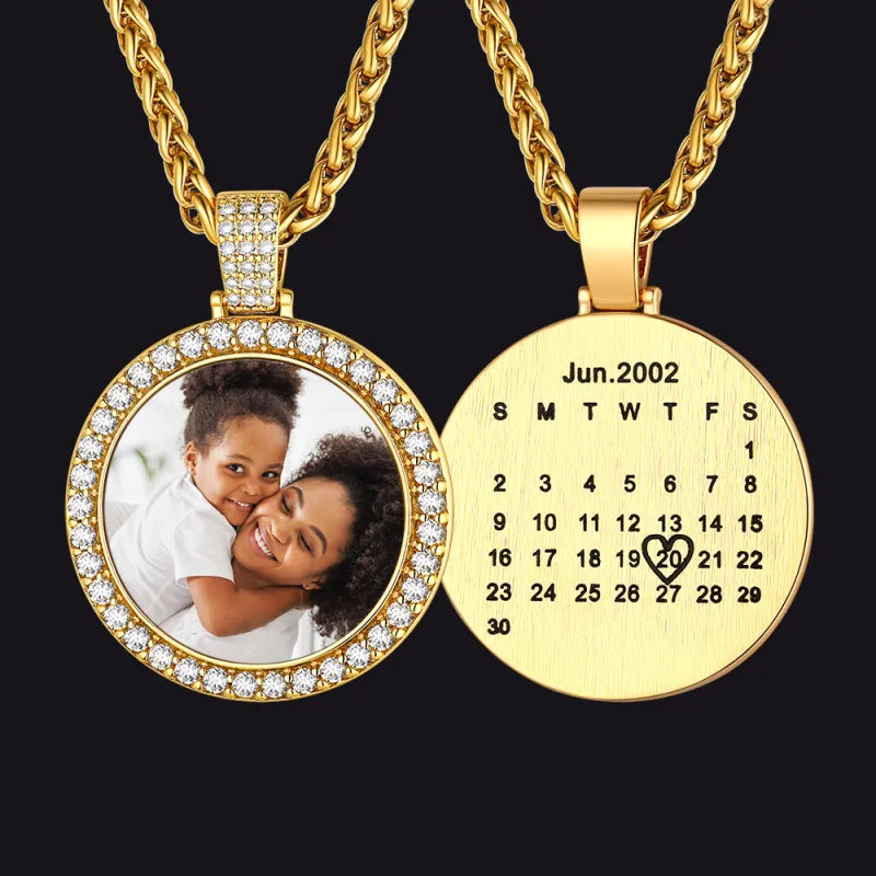 Customized CZ Picture Circle Chain Necklace with Calendar for Men Women sold by FaithHeart