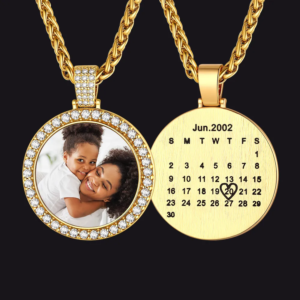 Customized CZ Picture Circle Chain Necklace with Calendar for Men Women sold by FaithHeart