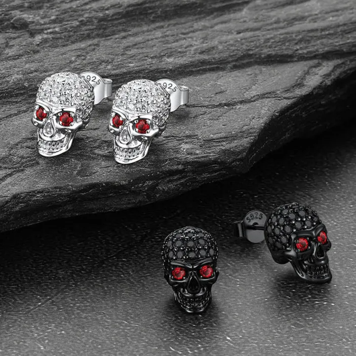 Sterling Silver Gothic Skull Diamond Stud Earrings For Men sold by FaithHeart product image thumbnail 3