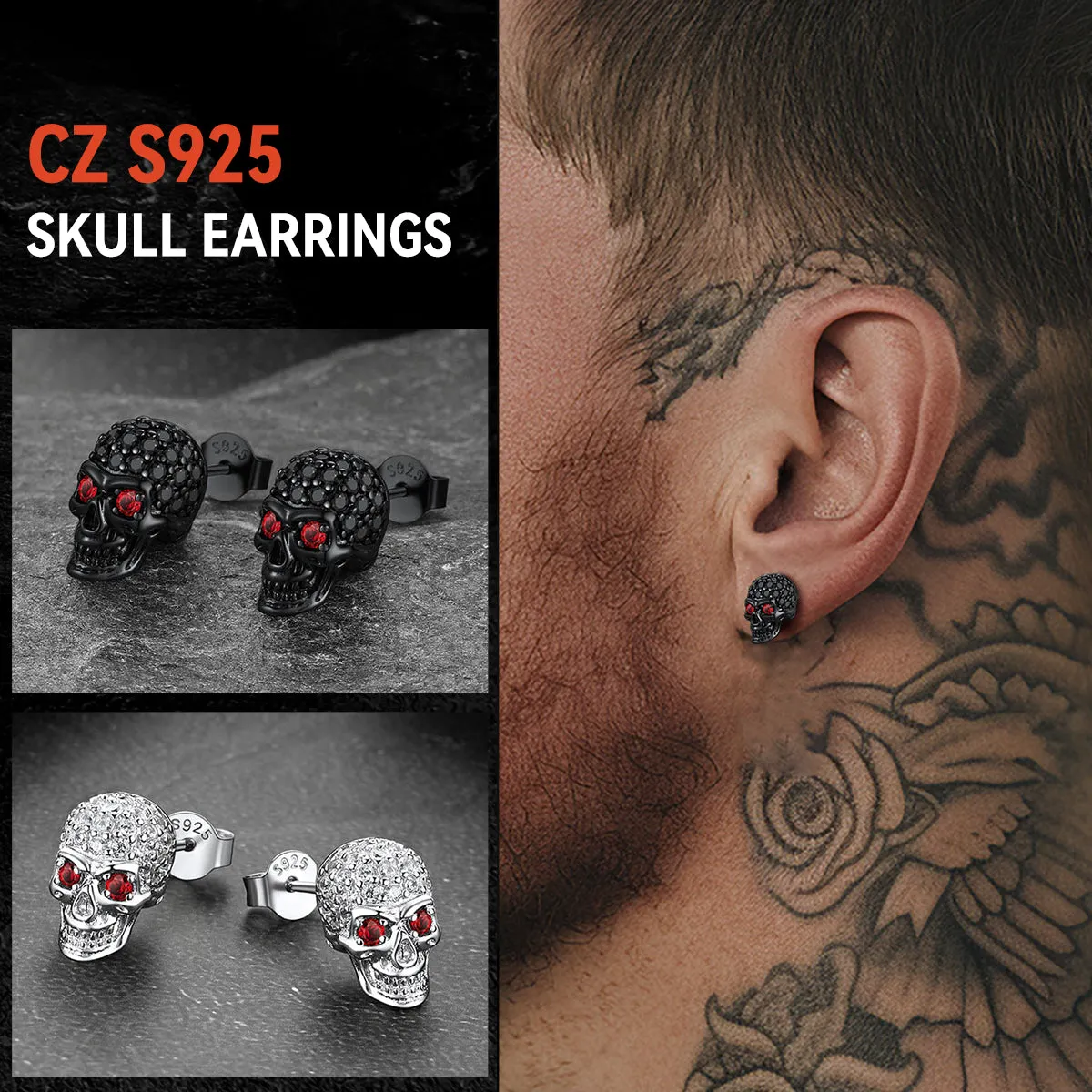 Sterling Silver Gothic Skull Diamond Stud Earrings For Men sold by FaithHeart product image thumbnail 2