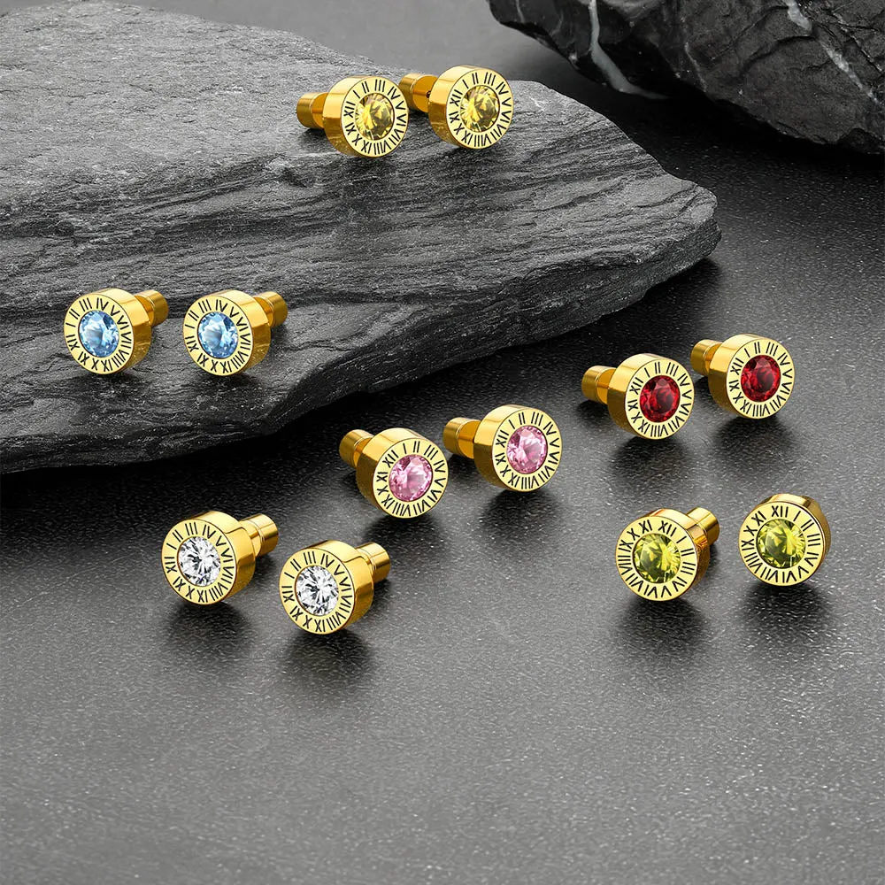 Roman Numerals Birthstone Studs Earrings in Stainless Steel sold by FaithHeart product image thumbnail 4