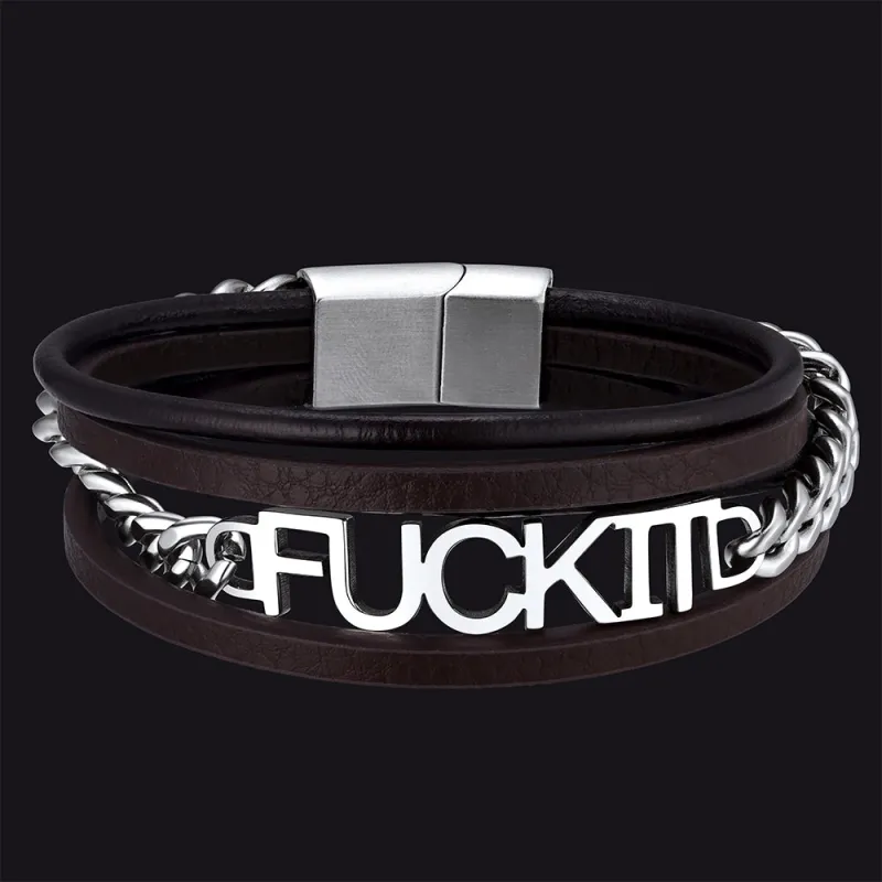 F*ck It Vintage Steel Chain Leather Bracelet for Men sold by FaithHeart
