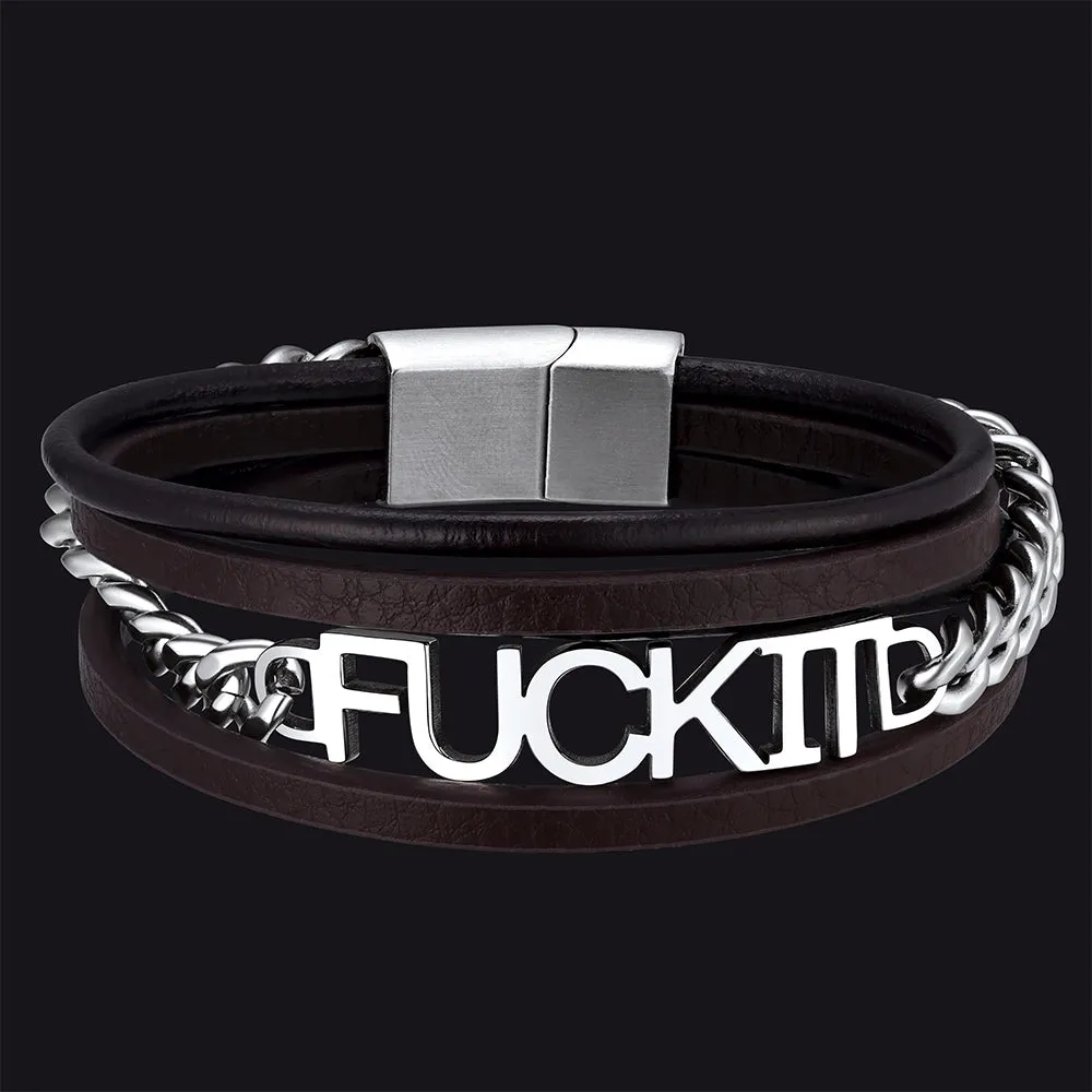 F*ck It Vintage Steel Chain Leather Bracelet for Men sold by FaithHeart