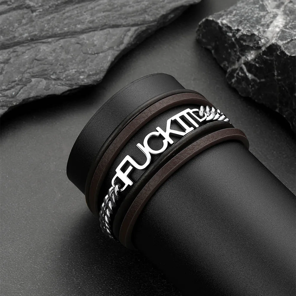 F*ck It Vintage Steel Chain Leather Bracelet for Men sold by FaithHeart product image thumbnail 5