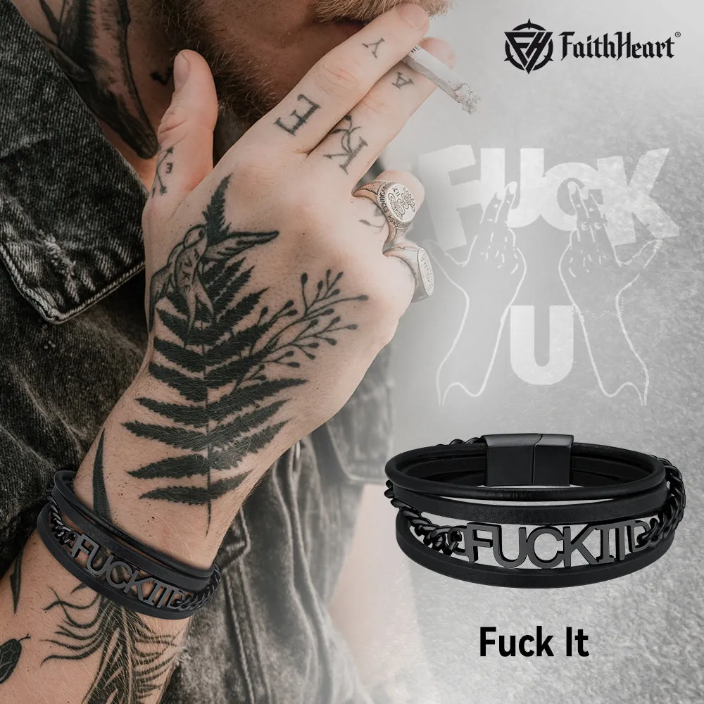 F*ck It Vintage Steel Chain Leather Bracelet for Men sold by FaithHeart product image thumbnail 2
