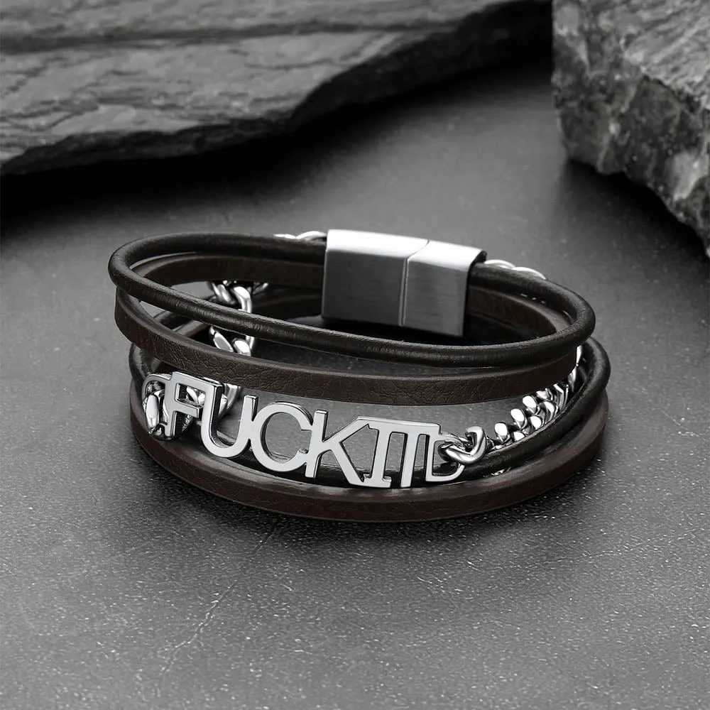 F*ck It Vintage Steel Chain Leather Bracelet for Men sold by FaithHeart product image thumbnail 4