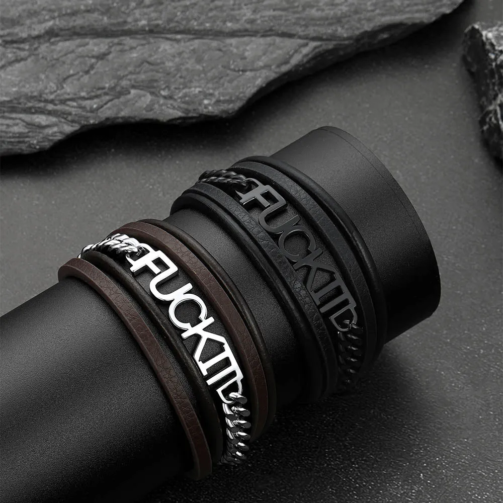 F*ck It Vintage Steel Chain Leather Bracelet for Men sold by FaithHeart product image thumbnail 3