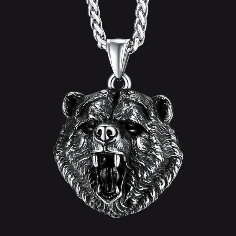 Wild Roaring Bear Head Pendant Necklace for Men sold by FaithHeart