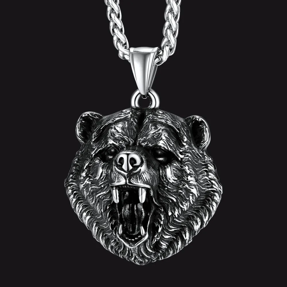 Wild Roaring Bear Head Pendant Necklace for Men sold by FaithHeart