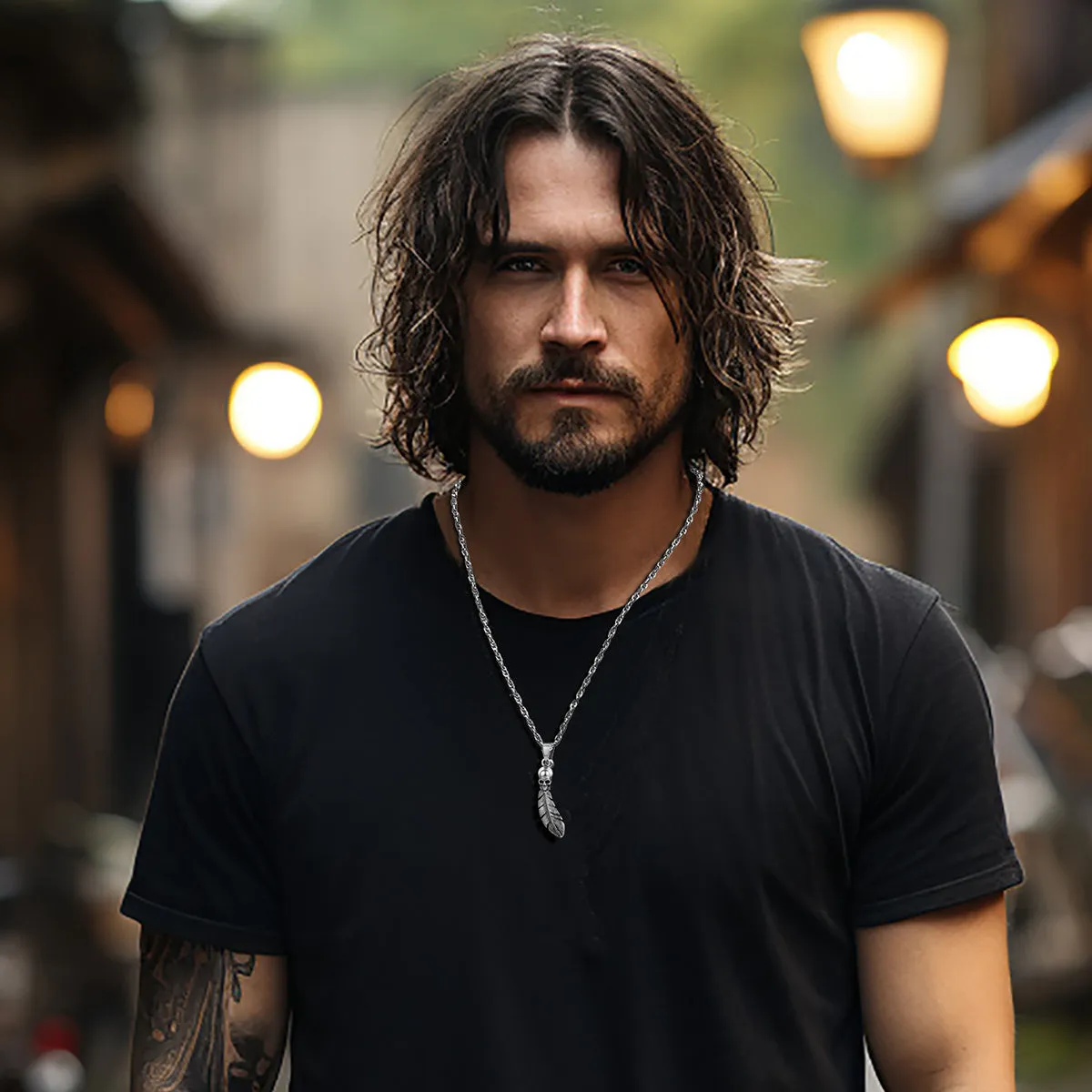 Gothic Stainless Steel Skull Feather Necklace sold by FaithHeart product image thumbnail 2