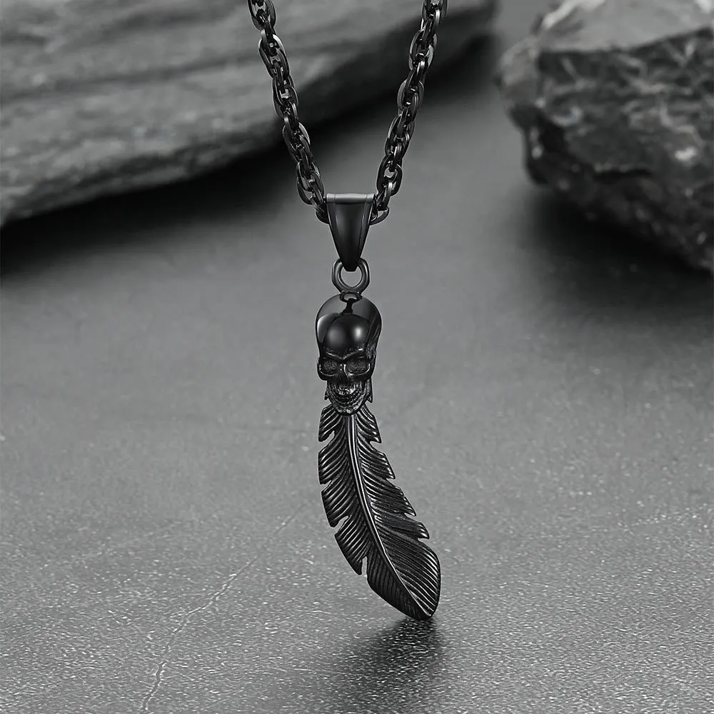 Gothic Stainless Steel Skull Feather Necklace sold by FaithHeart product image thumbnail 4