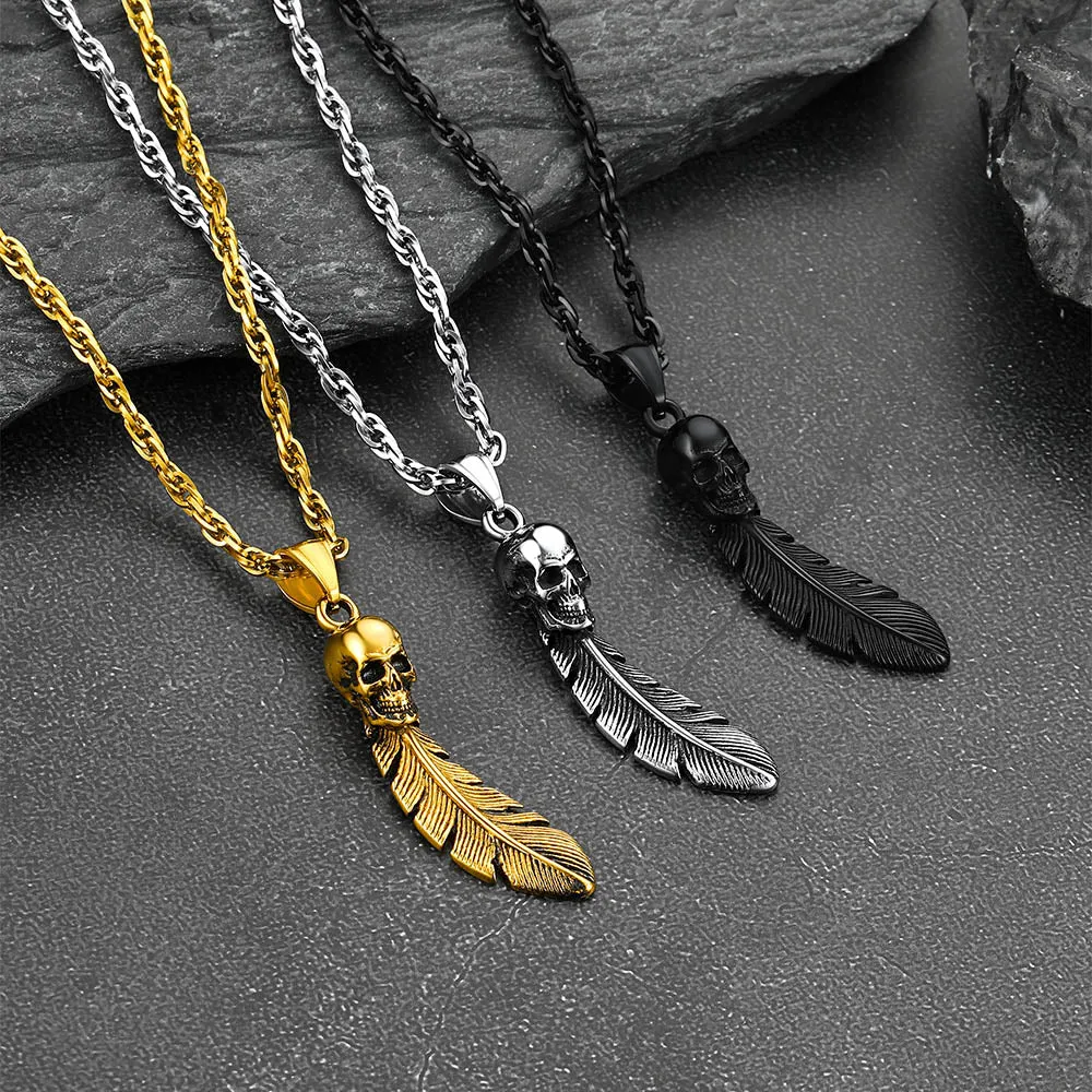 Gothic Stainless Steel Skull Feather Necklace sold by FaithHeart product image thumbnail 3