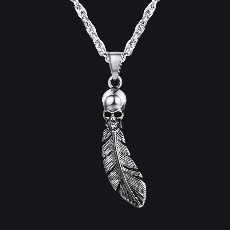 Gothic Stainless Steel Skull Feather Necklace sold by FaithHeart