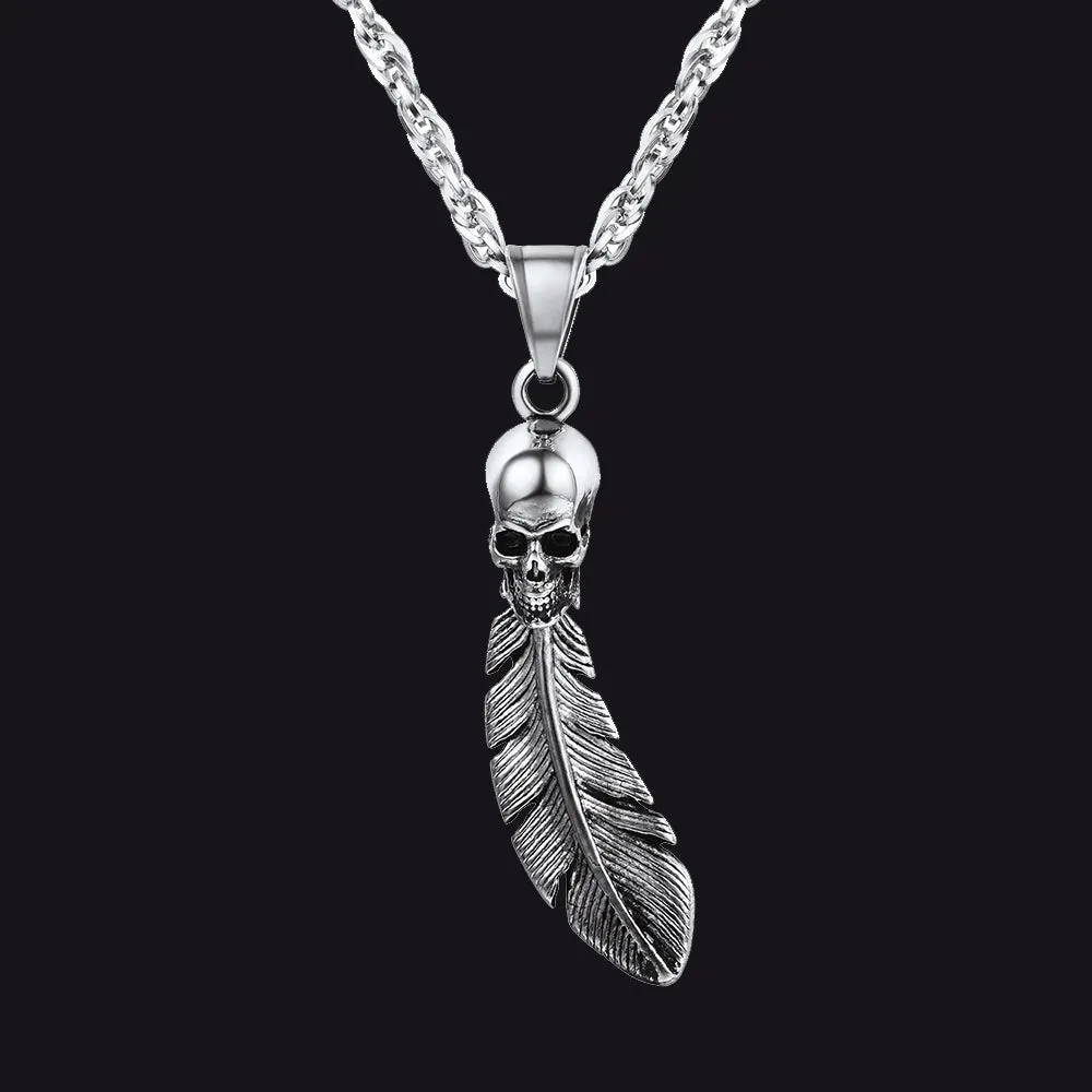 Gothic Stainless Steel Skull Feather Necklace sold by FaithHeart