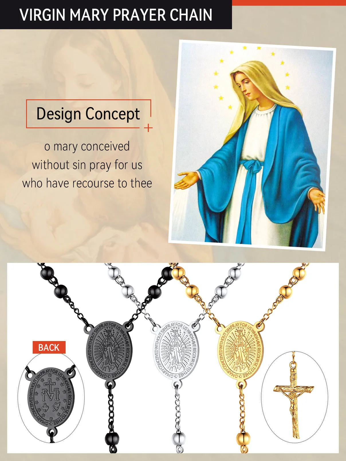 Catholic Virgin Mary Rosary Beads Cross Necklace Chain for Men Women sold by FaithHeart product image thumbnail 3
