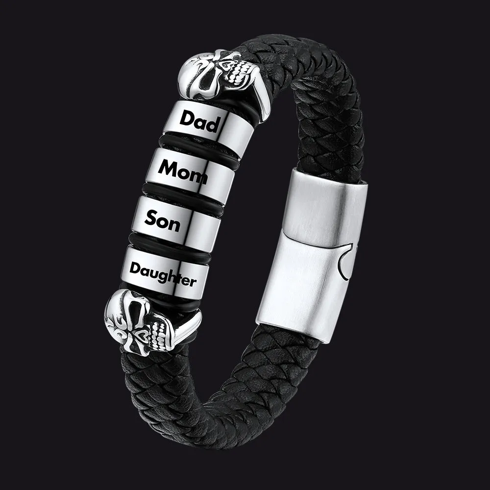 Personalized Name Beads Leather Bracelet with Skull for Men sold by FaithHeart