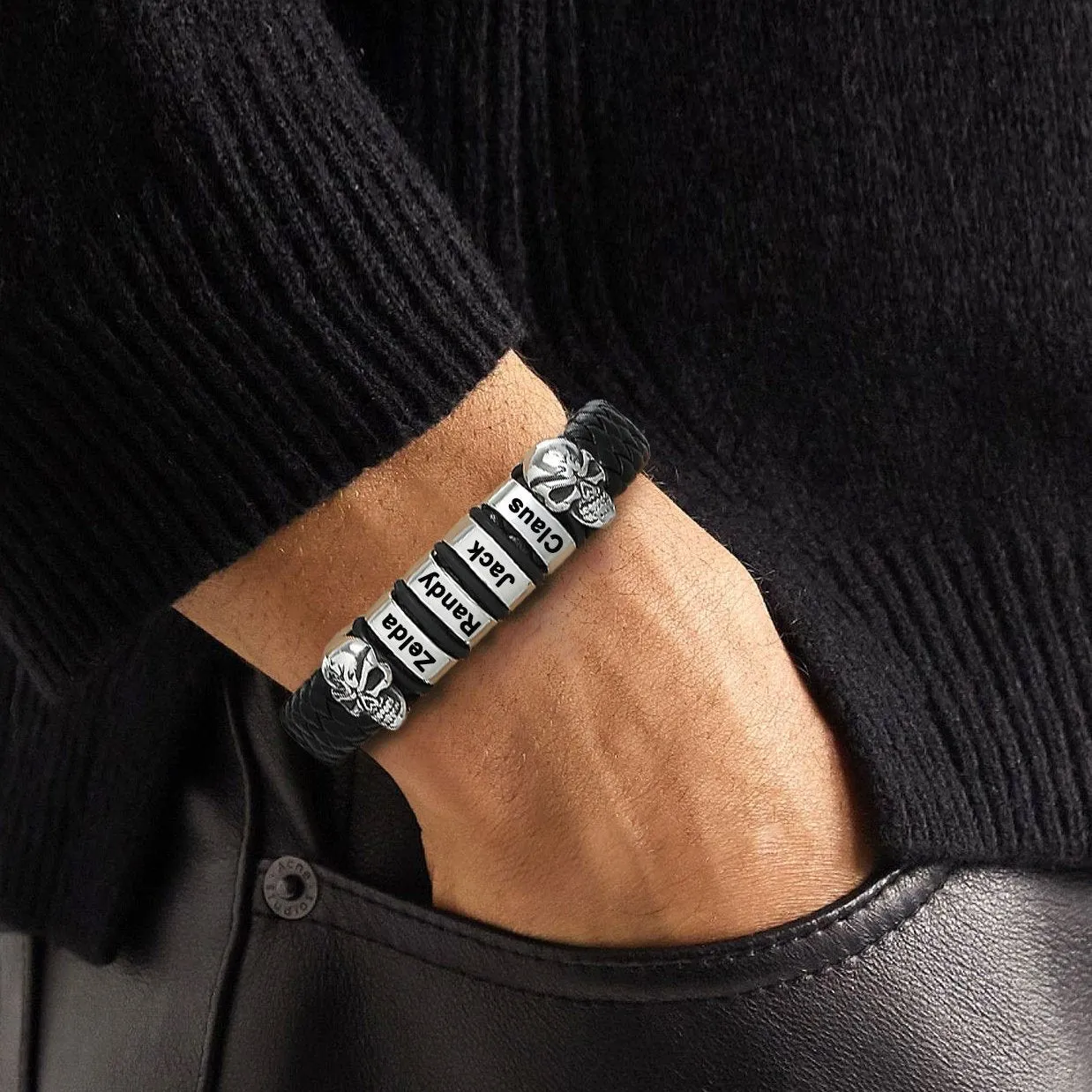 Personalized Name Beads Leather Bracelet with Skull for Men sold by FaithHeart product image thumbnail 2