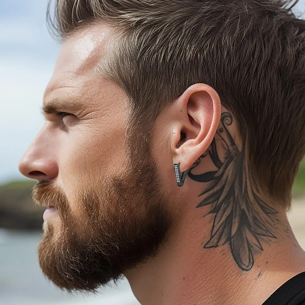 Cubic Zirconia Triangle Huggie Hoop Earrings With Viking Runes for Men sold by FaithHeart product image thumbnail 3