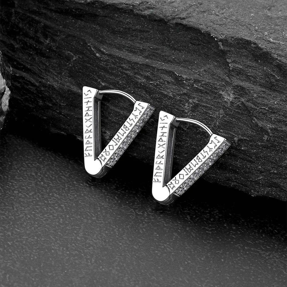 Cubic Zirconia Triangle Huggie Hoop Earrings With Viking Runes for Men sold by FaithHeart product image thumbnail 5