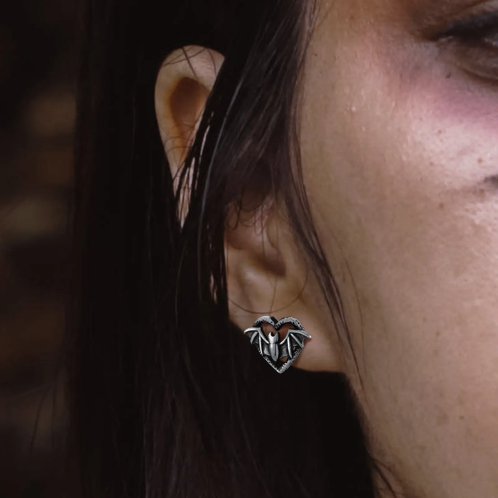 Halloween Bat Heart Stud Earrings for Women in Sterling Silver sold by FaithHeart product image thumbnail 2