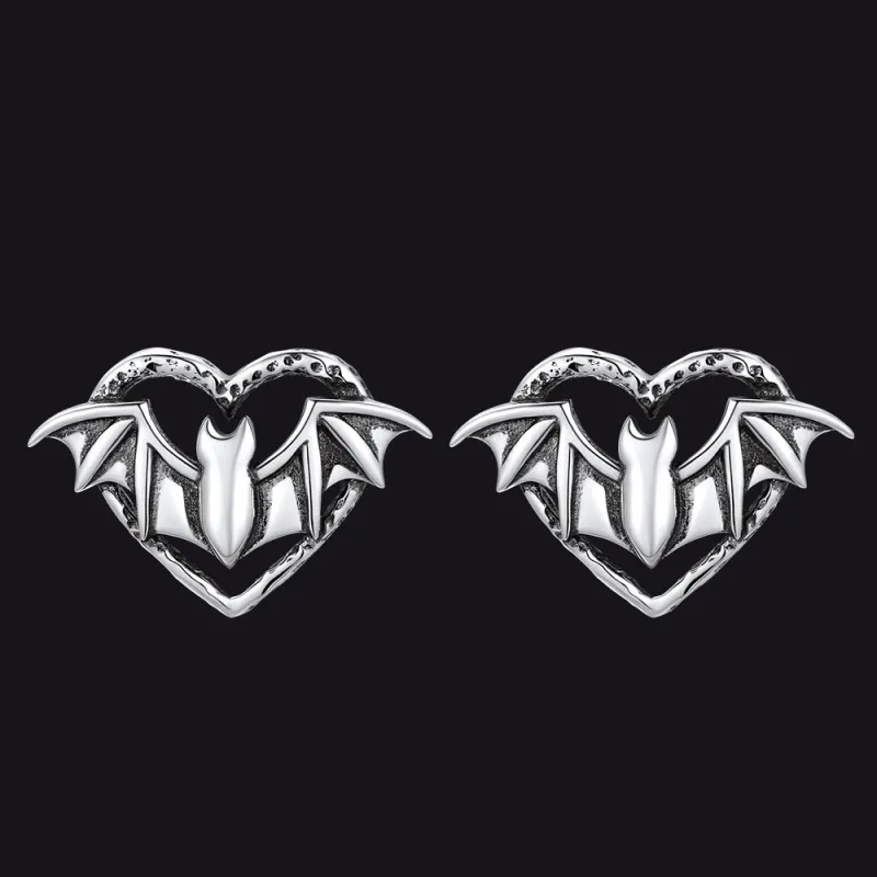 Halloween Bat Heart Stud Earrings for Women in Sterling Silver sold by FaithHeart
