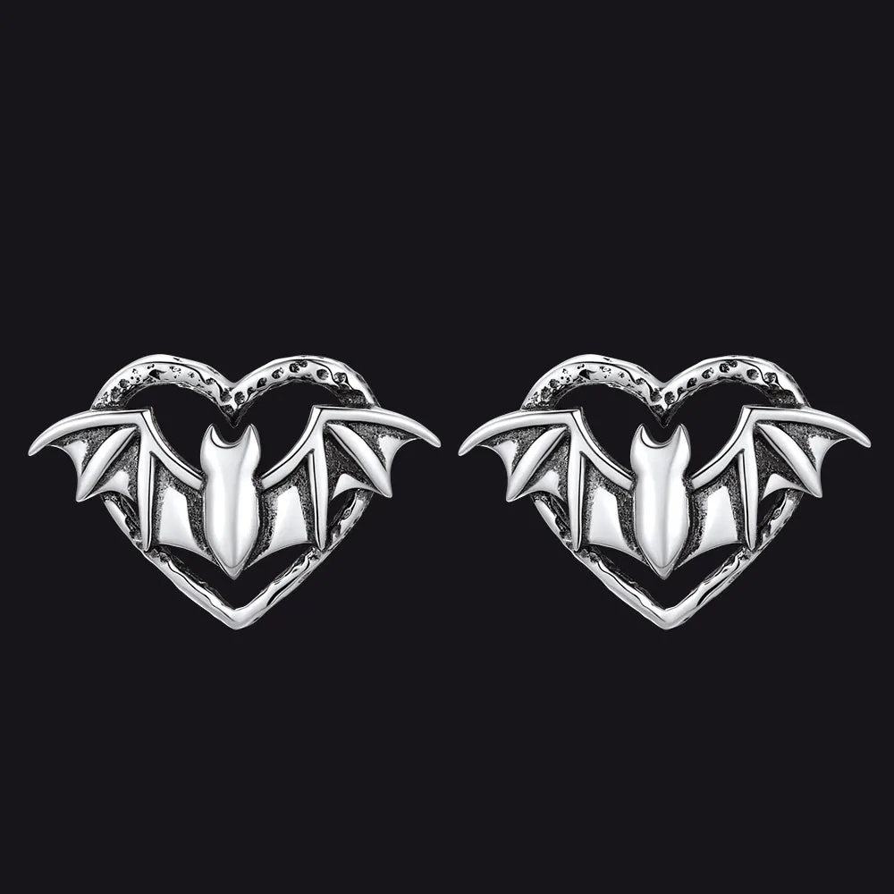 Halloween Bat Heart Stud Earrings for Women in Sterling Silver sold by FaithHeart