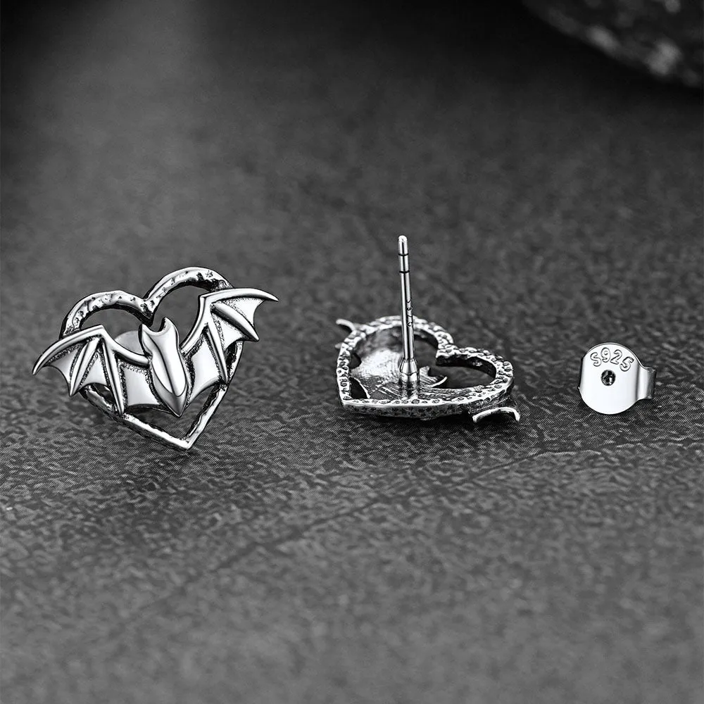 Halloween Bat Heart Stud Earrings for Women in Sterling Silver sold by FaithHeart product image thumbnail 3