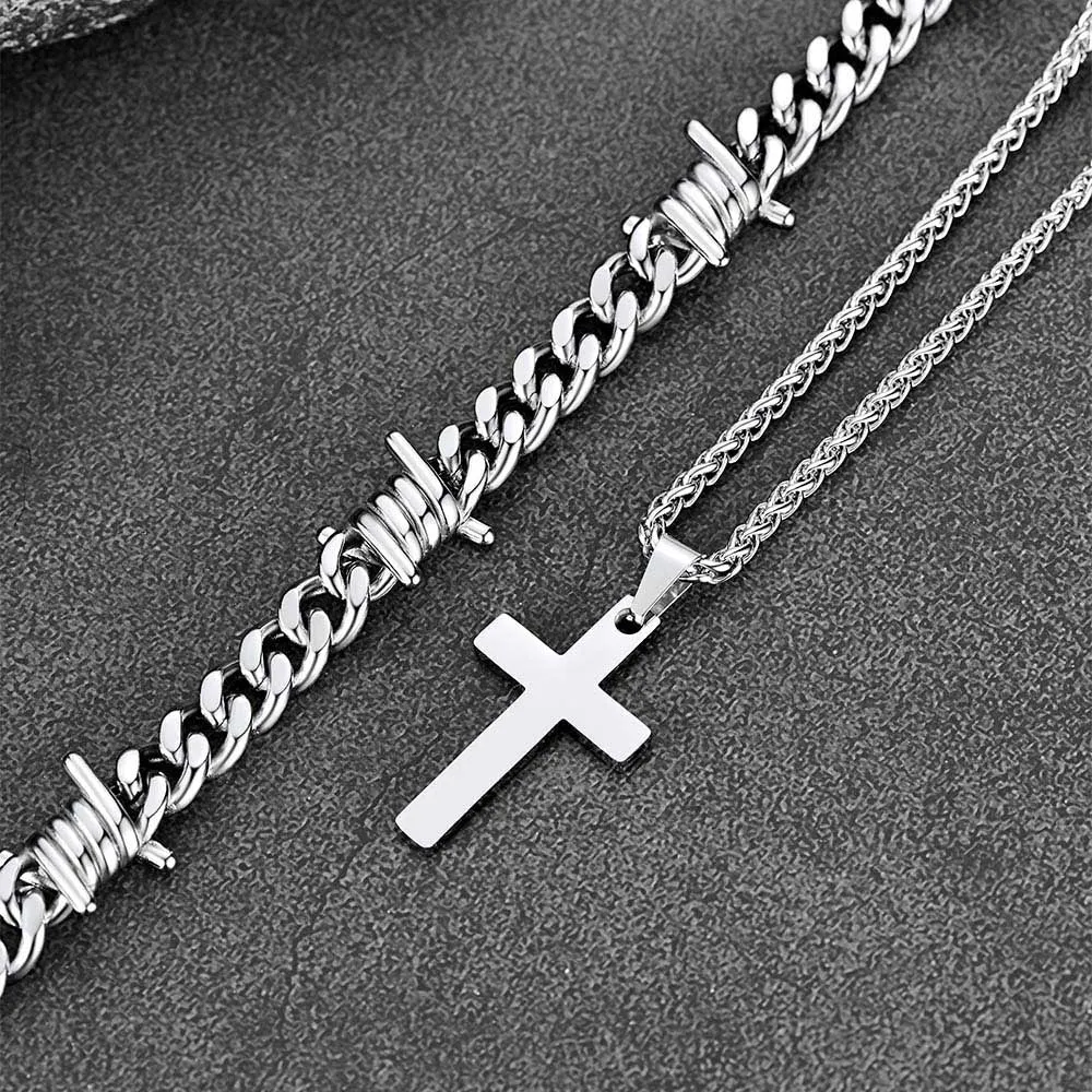 Barbed Wire Cuban Chain & Cross Layered Necklaces Set for Men Women sold by FaithHeart product image thumbnail 5