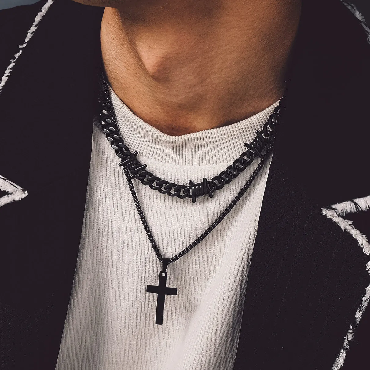Barbed Wire Cuban Chain & Cross Layered Necklaces Set for Men Women sold by FaithHeart product image thumbnail 2