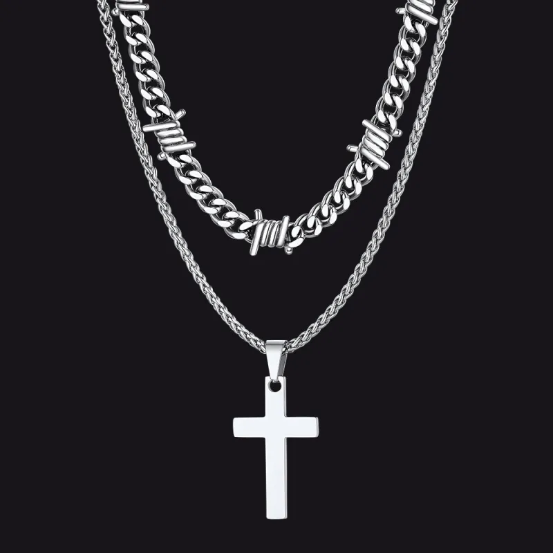 Barbed Wire Cuban Chain & Cross Layered Necklaces Set for Men Women sold by FaithHeart