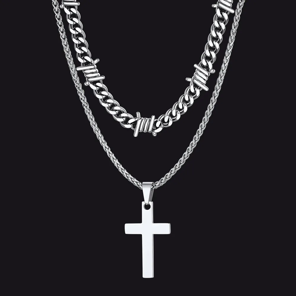 Barbed Wire Cuban Chain & Cross Layered Necklaces Set for Men Women sold by FaithHeart