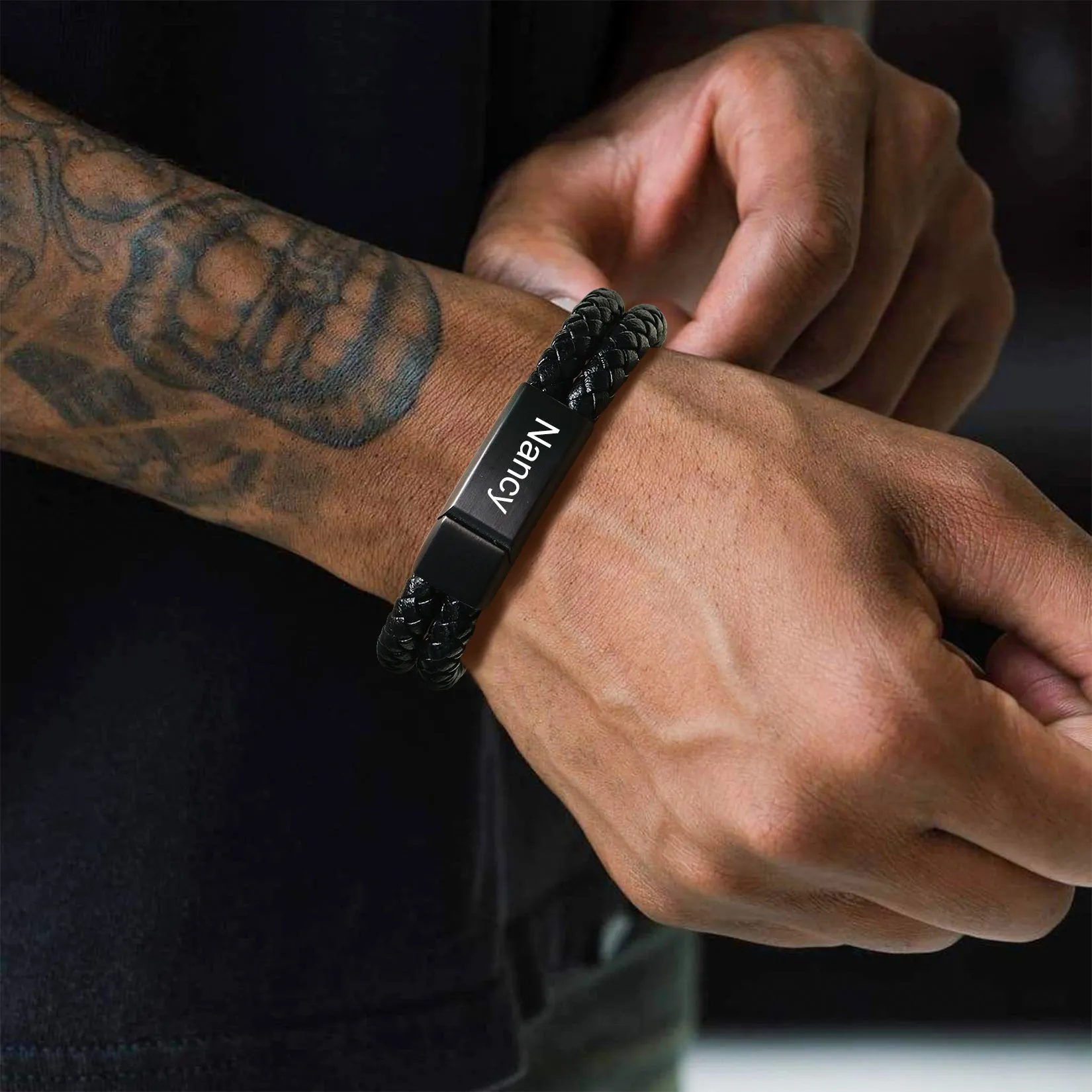 Engraved Custom Double Black Braided Leather Bracelet Cuff for Men Son sold by FaithHeart product image thumbnail 2