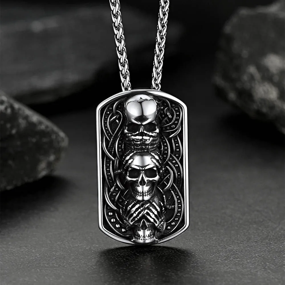 See No Evil, Hear No Evil, Speak No Evil Skulls Dog Tag Necklace for Men sold by FaithHeart product image thumbnail 4