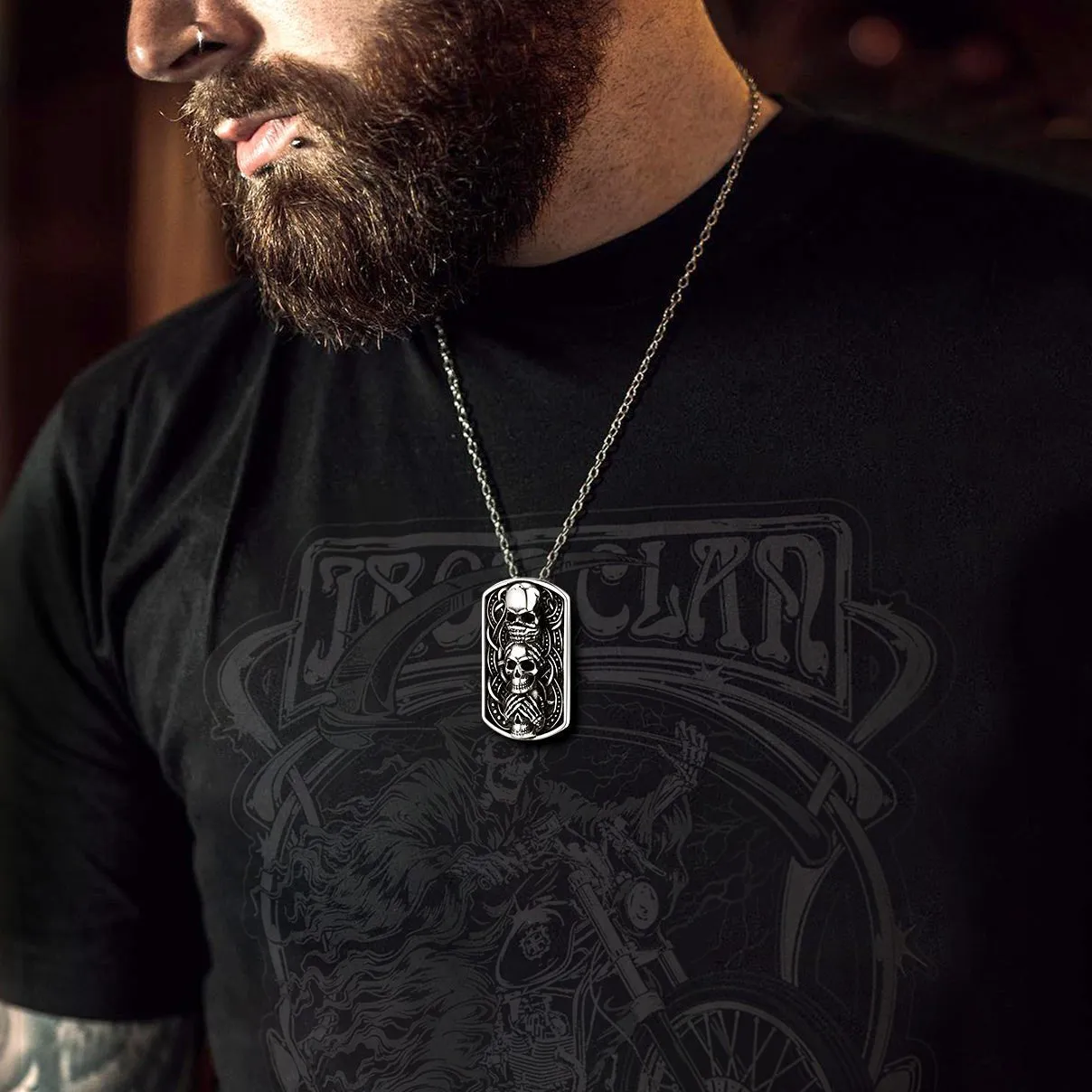 See No Evil, Hear No Evil, Speak No Evil Skulls Dog Tag Necklace for Men sold by FaithHeart product image thumbnail 2