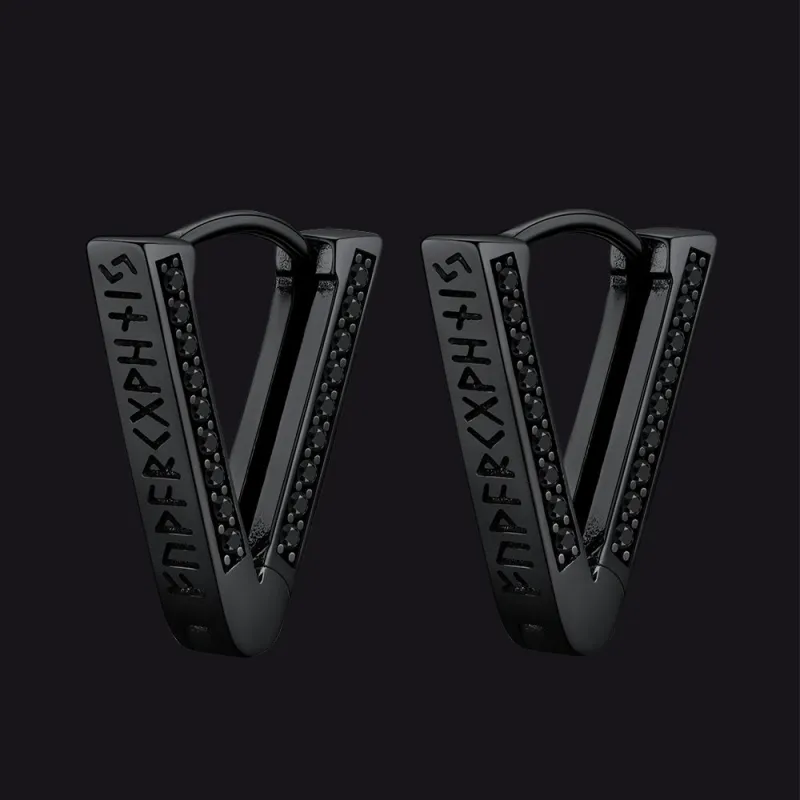 Sterling Silver Viking Triangle Huggie Hoop Earrings with Black Zirconia for Men sold by FaithHeart