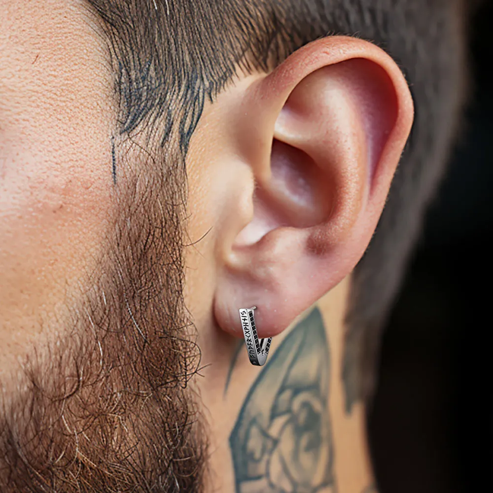 Sterling Silver Viking Triangle Huggie Hoop Earrings with Black Zirconia for Men sold by FaithHeart product image thumbnail 2