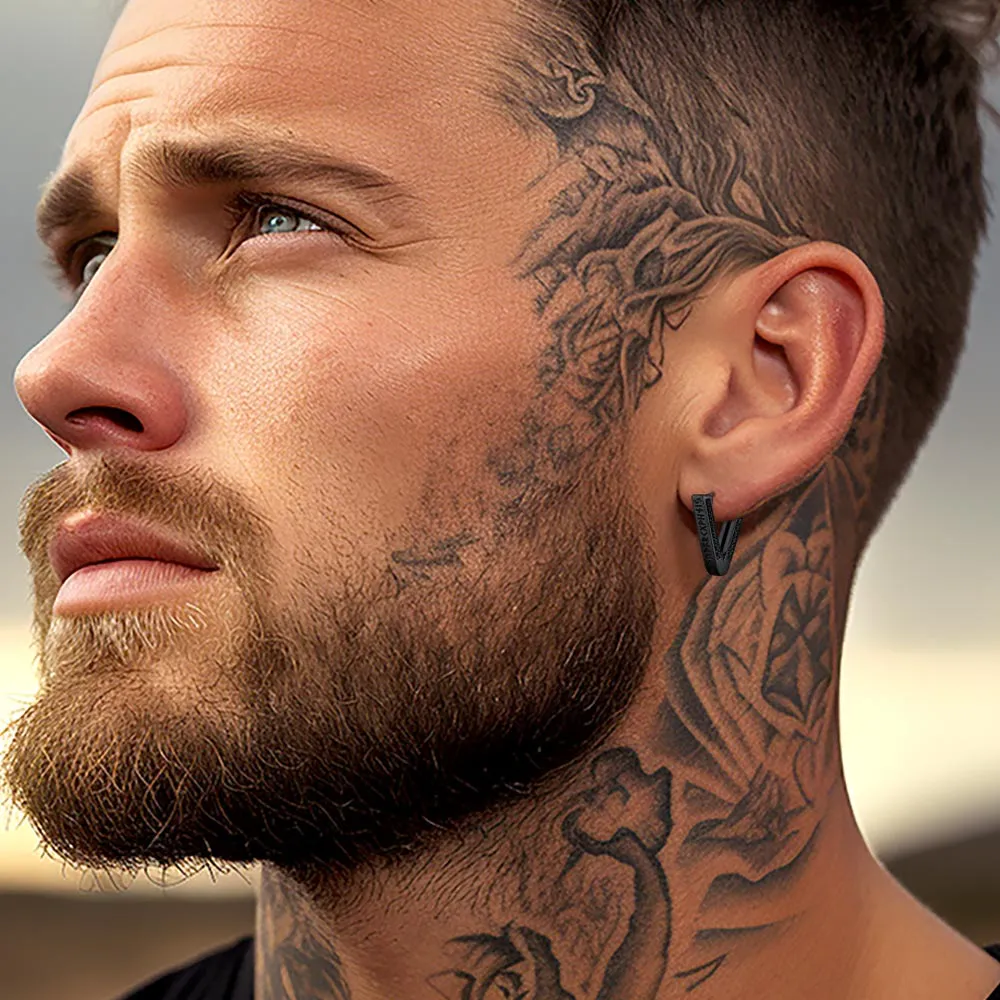 Sterling Silver Viking Triangle Huggie Hoop Earrings with Black Zirconia for Men sold by FaithHeart product image thumbnail 3