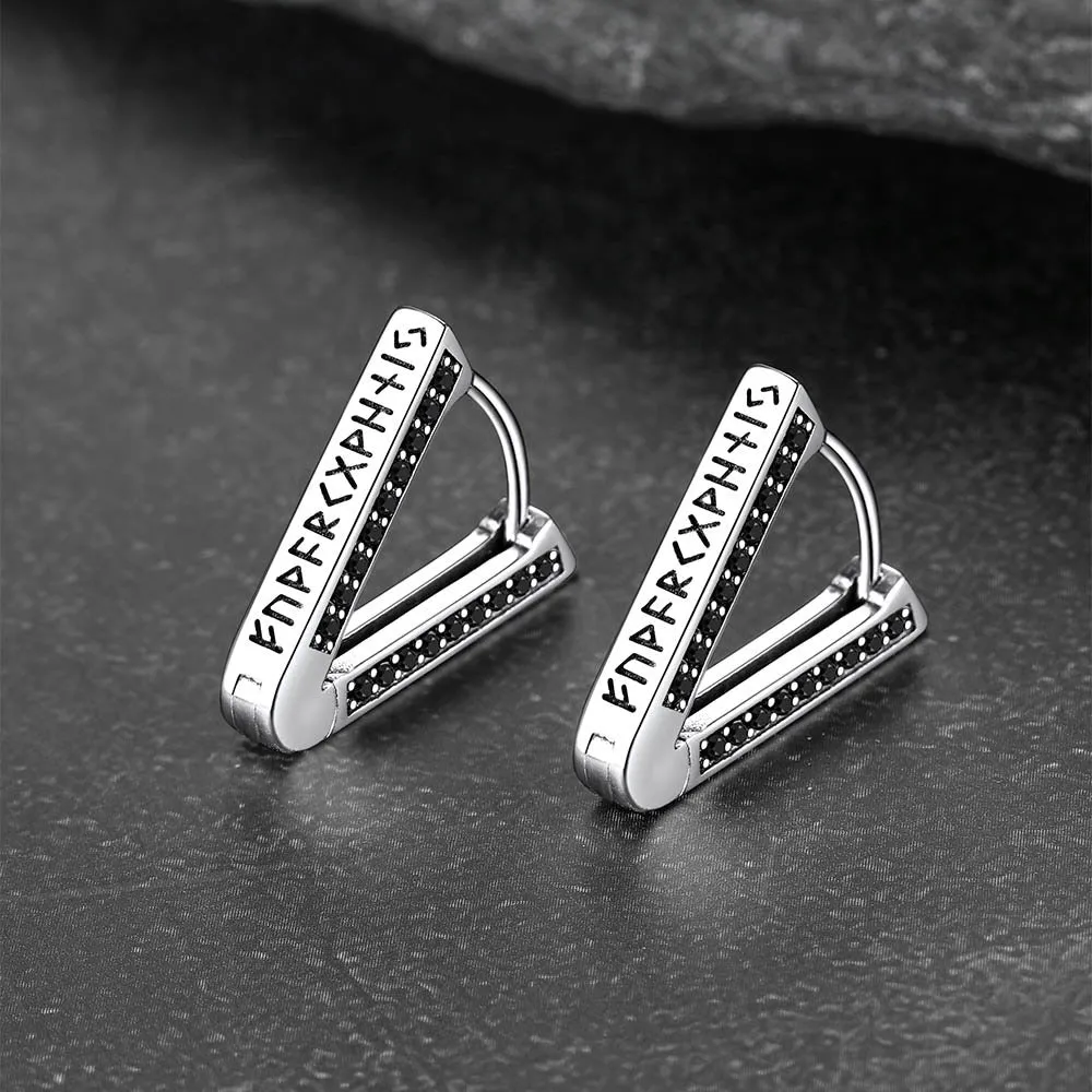 Sterling Silver Viking Triangle Huggie Hoop Earrings with Black Zirconia for Men sold by FaithHeart product image thumbnail 5
