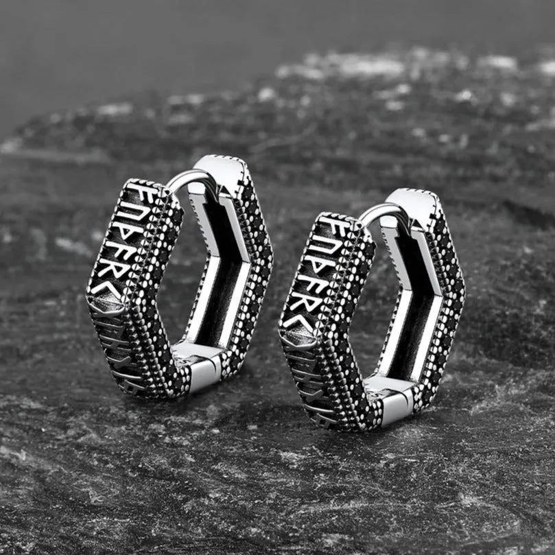 Viking Runes Hexagon Huggie Hoop Earrings for Men sold by FaithHeart product image thumbnail 4