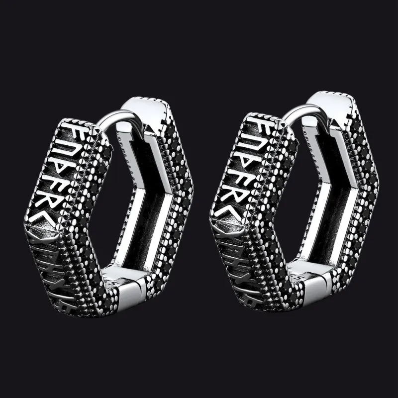 Viking Runes Hexagon Huggie Hoop Earrings for Men sold by FaithHeart