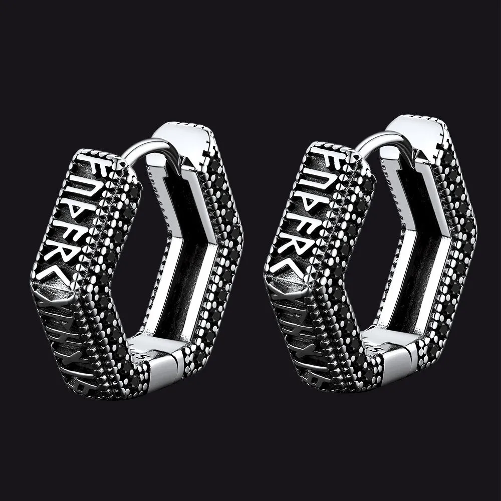 Viking Runes Hexagon Huggie Hoop Earrings for Men sold by FaithHeart