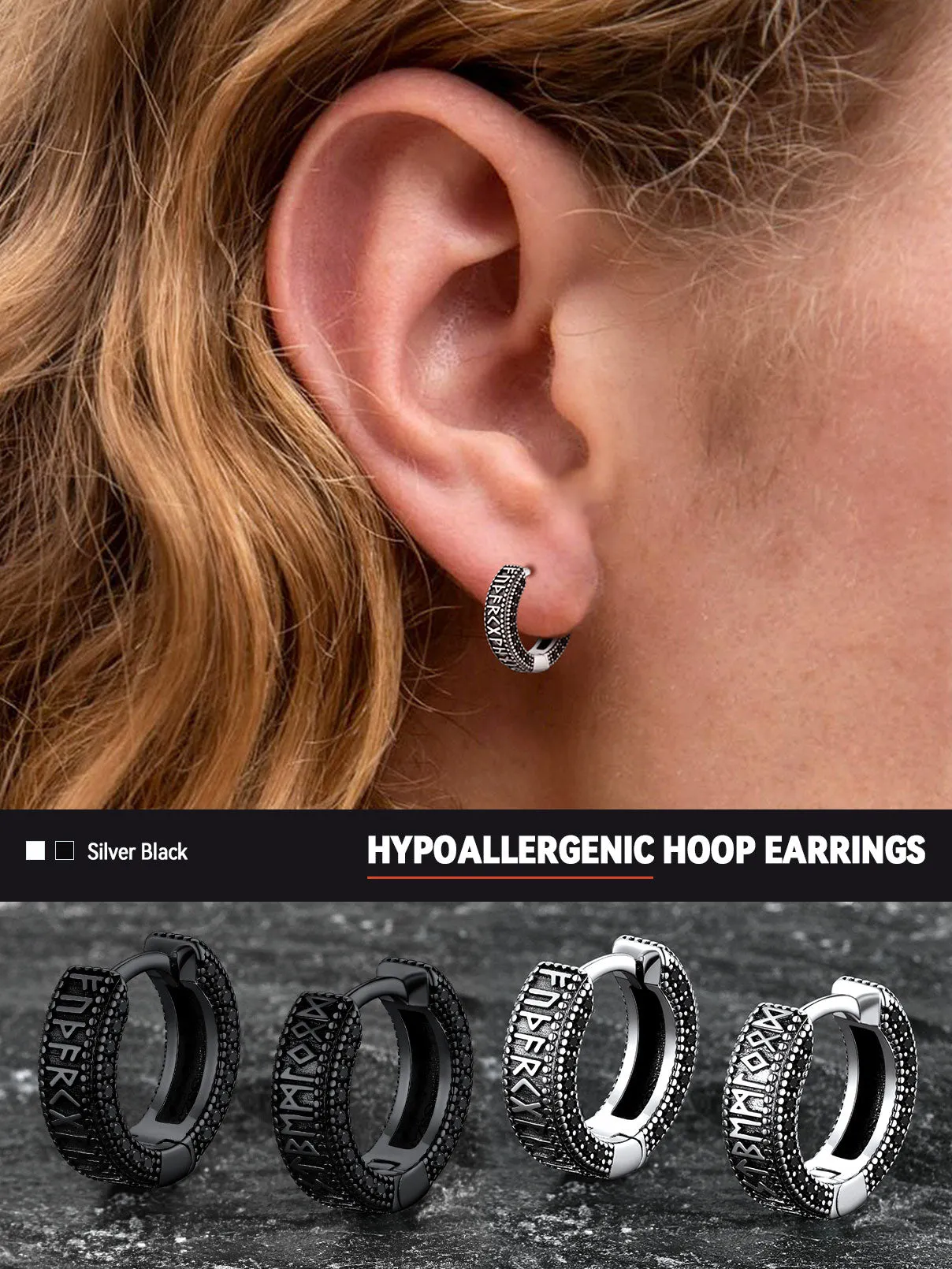 Sterling Silver Viking Runes Hoop Earrings With Black Zirconia for Men sold by FaithHeart product image thumbnail 4