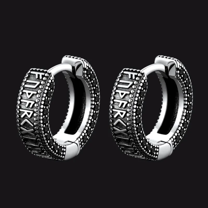 Sterling Silver Viking Runes Hoop Earrings With Black Zirconia for Men sold by FaithHeart